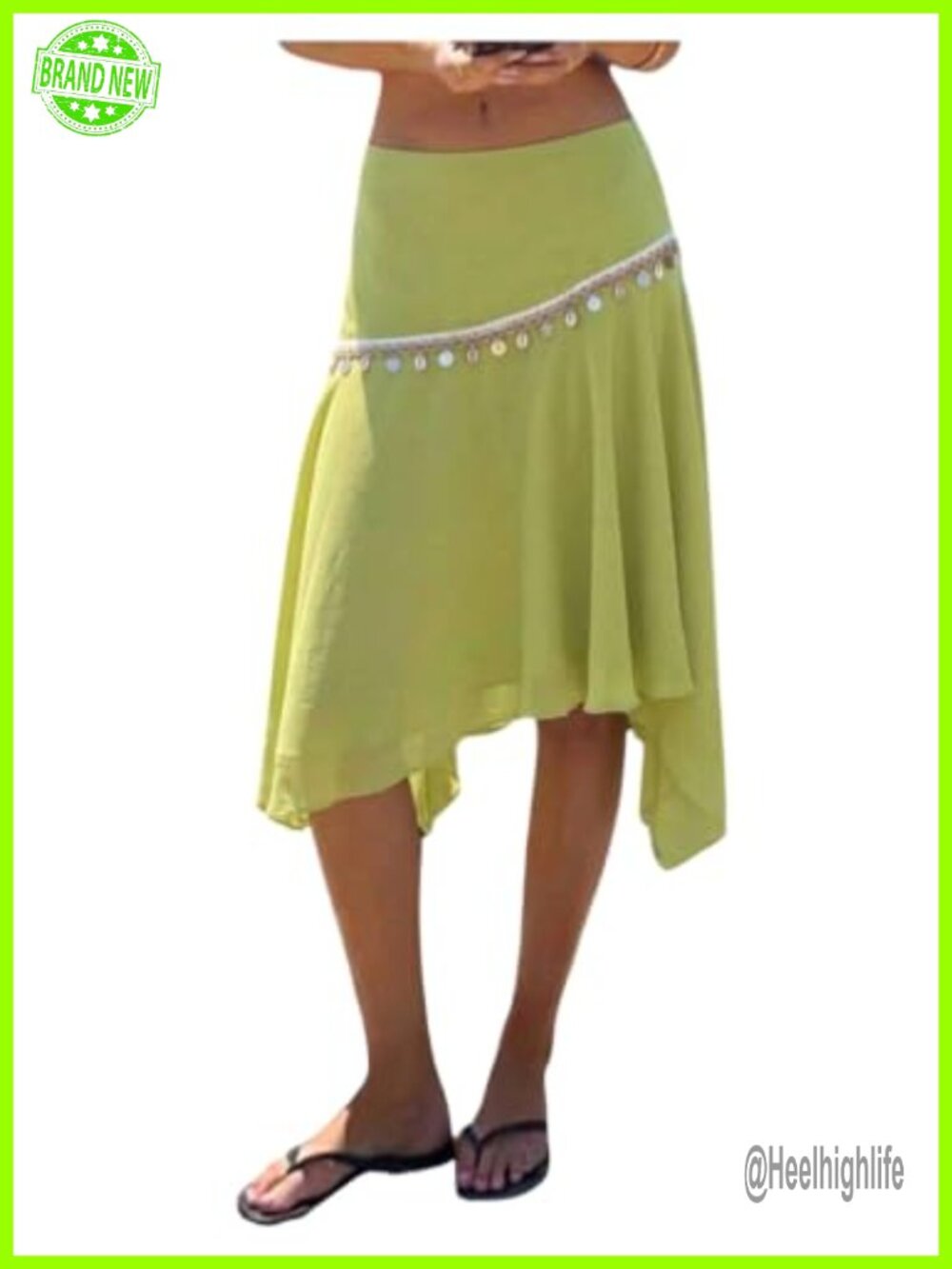 Seashell Midi Skirt A Line Ruffle Low Rise Asymmetrical Beach Vacation